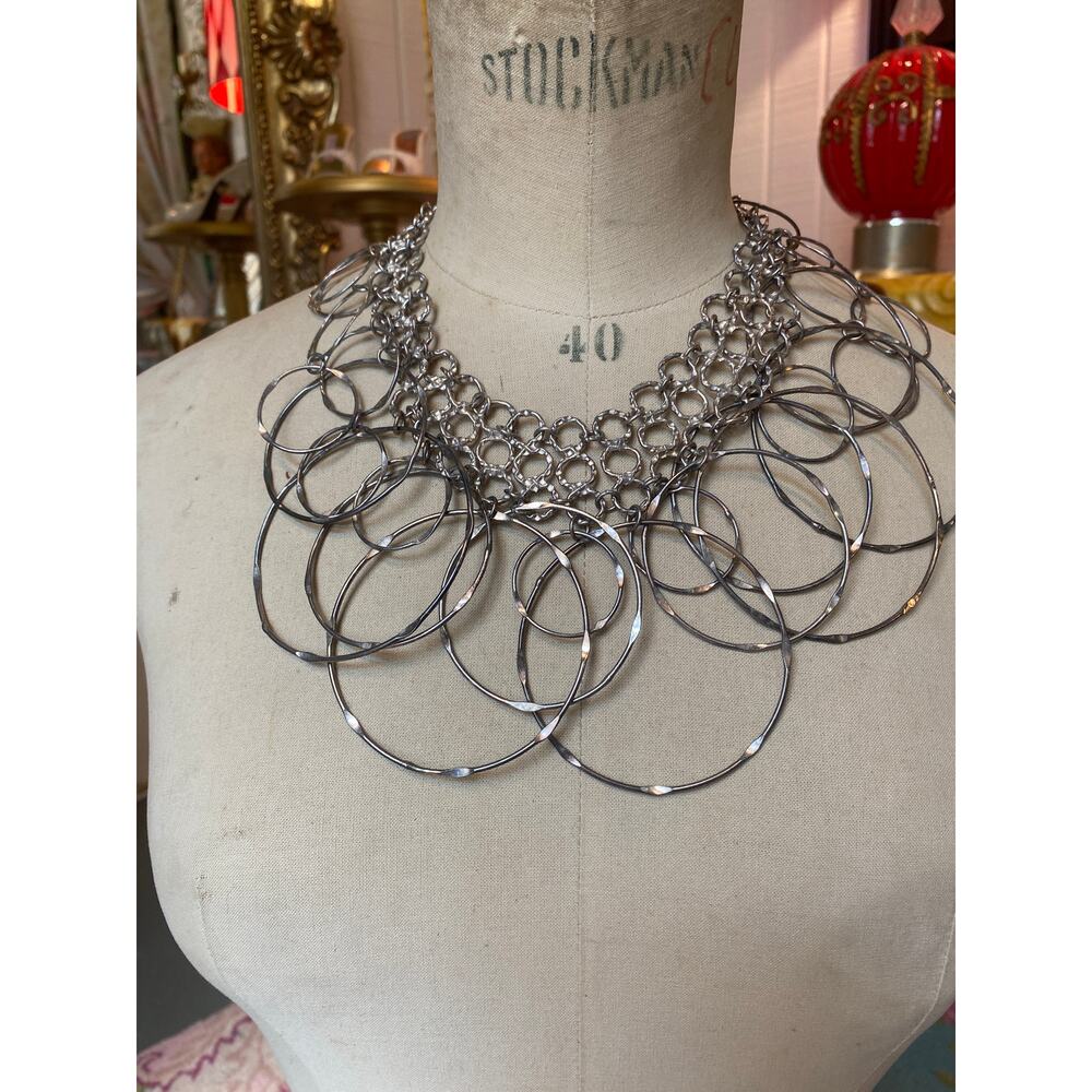 vintage 1990s silver circle bib necklace 90s choker statement jewelry loops